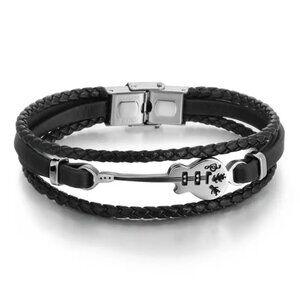 Leather Bracelet Guitar wrist Edgy Rock Bangle Stainless Black Stylish Music NEW